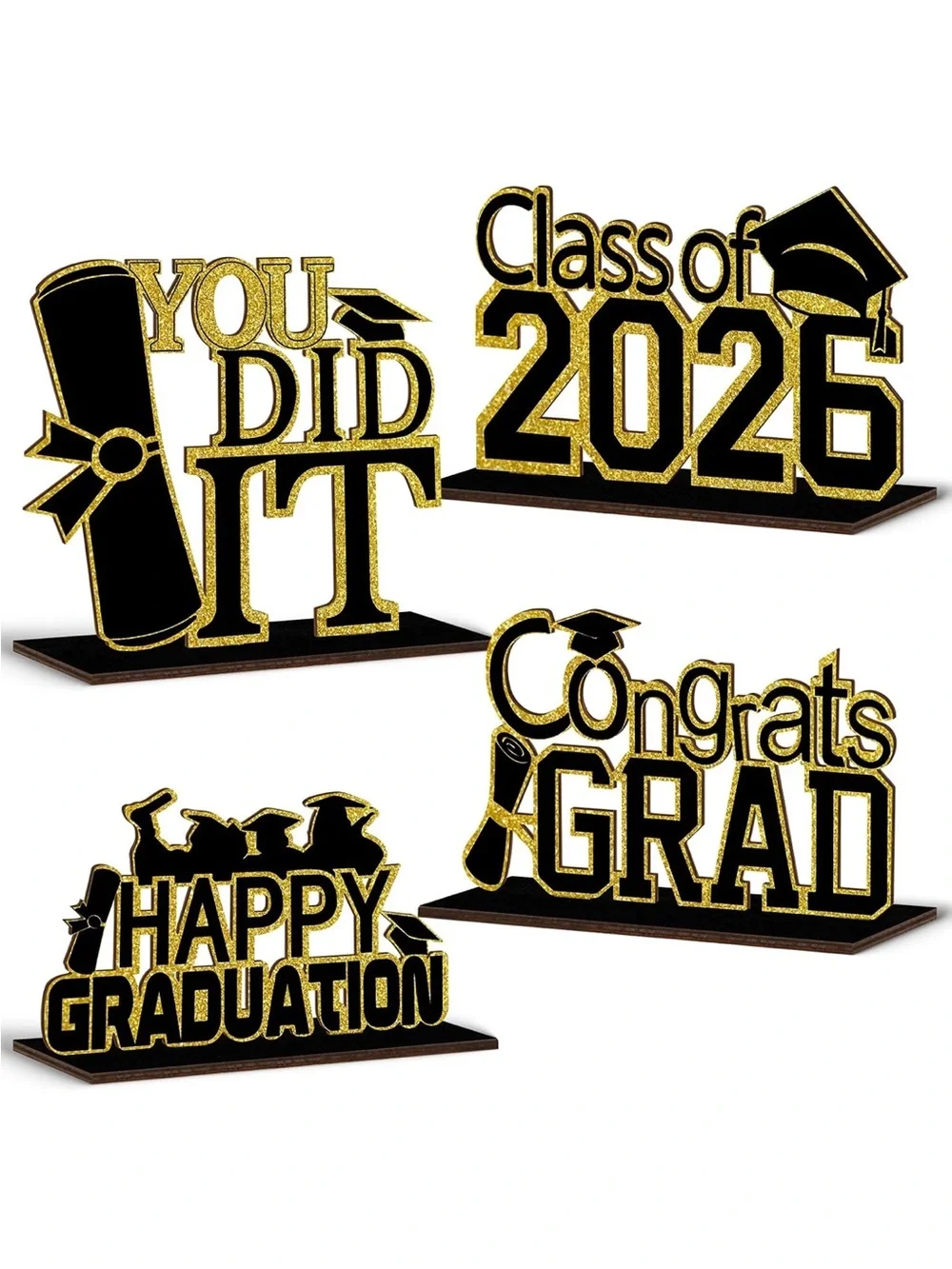 Black & Gold Graduation Tabletop Sign Set - Class of 2026 Decor set of 16